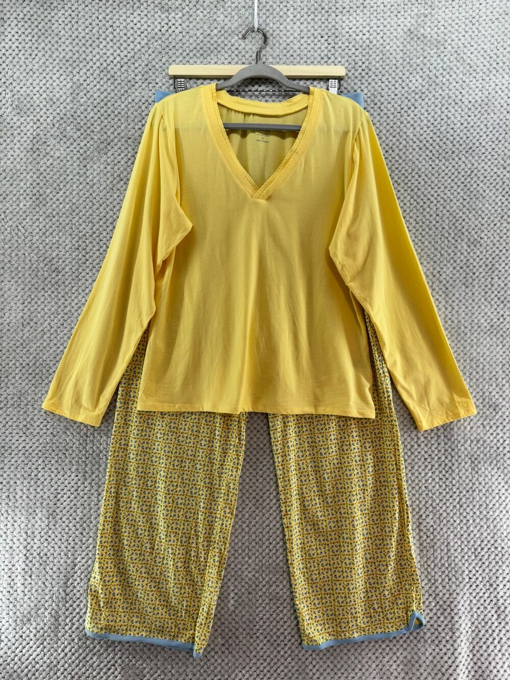 Talbots Intimates Pajama Set Womens L/XL Top Pants Yellow Blue Floral Cotton